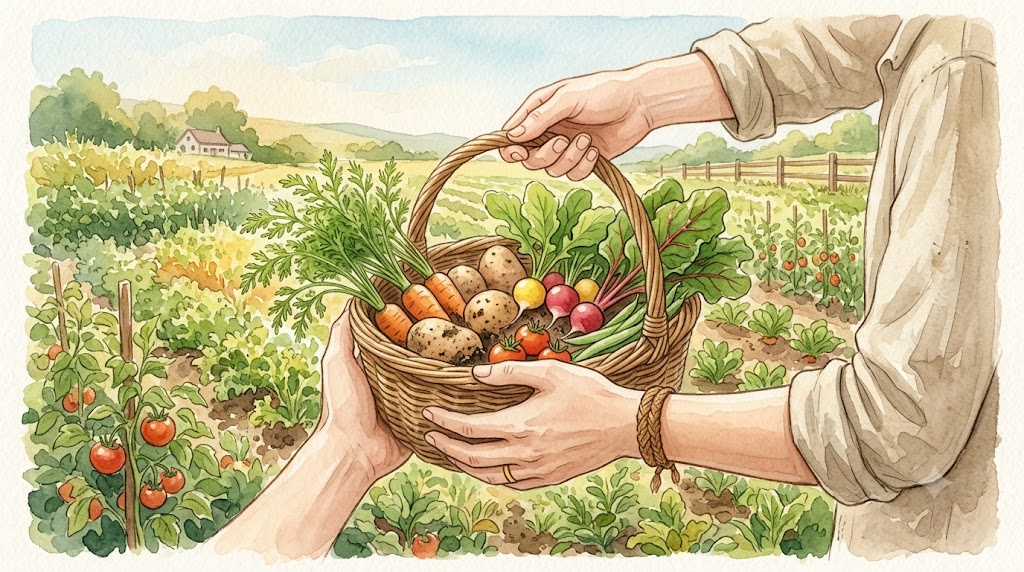収穫した野菜を手渡す様子（水彩イラスト）