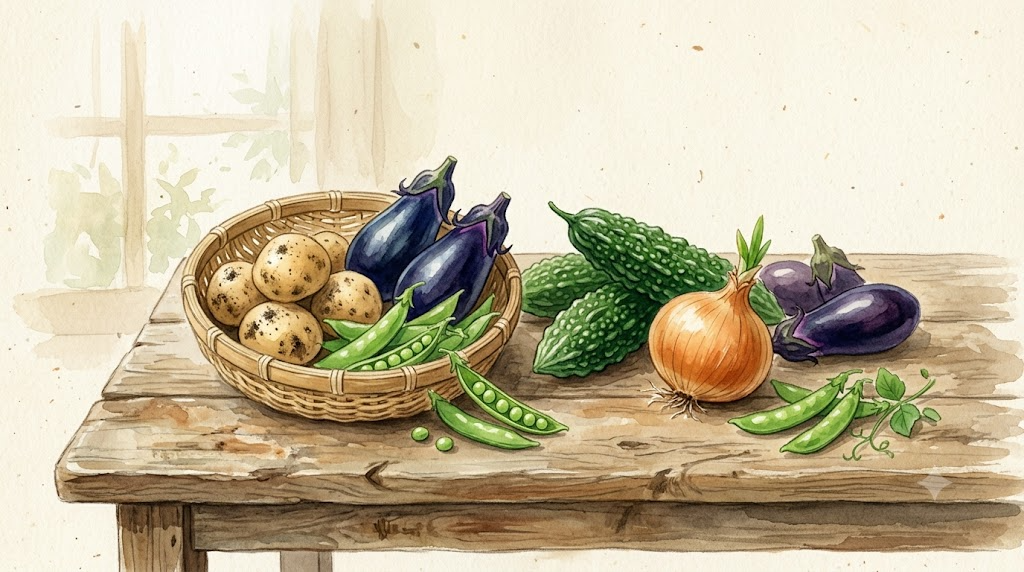 収穫した夏の野菜（水彩イラスト）